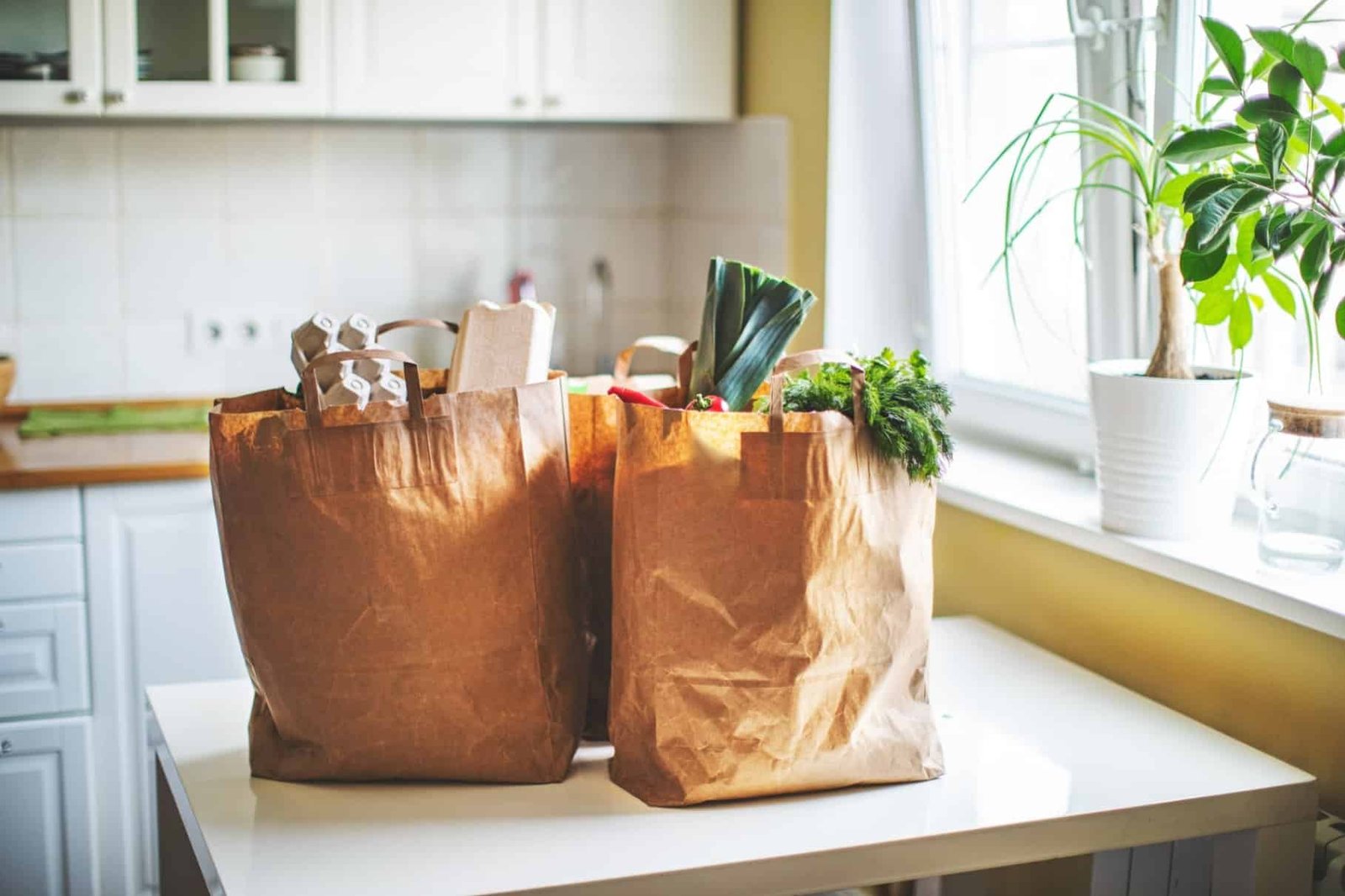 Home-Care-Services for groceries A compassionate home care provider assisting a senior client with grocery shopping, ensuring daily living needs are met.